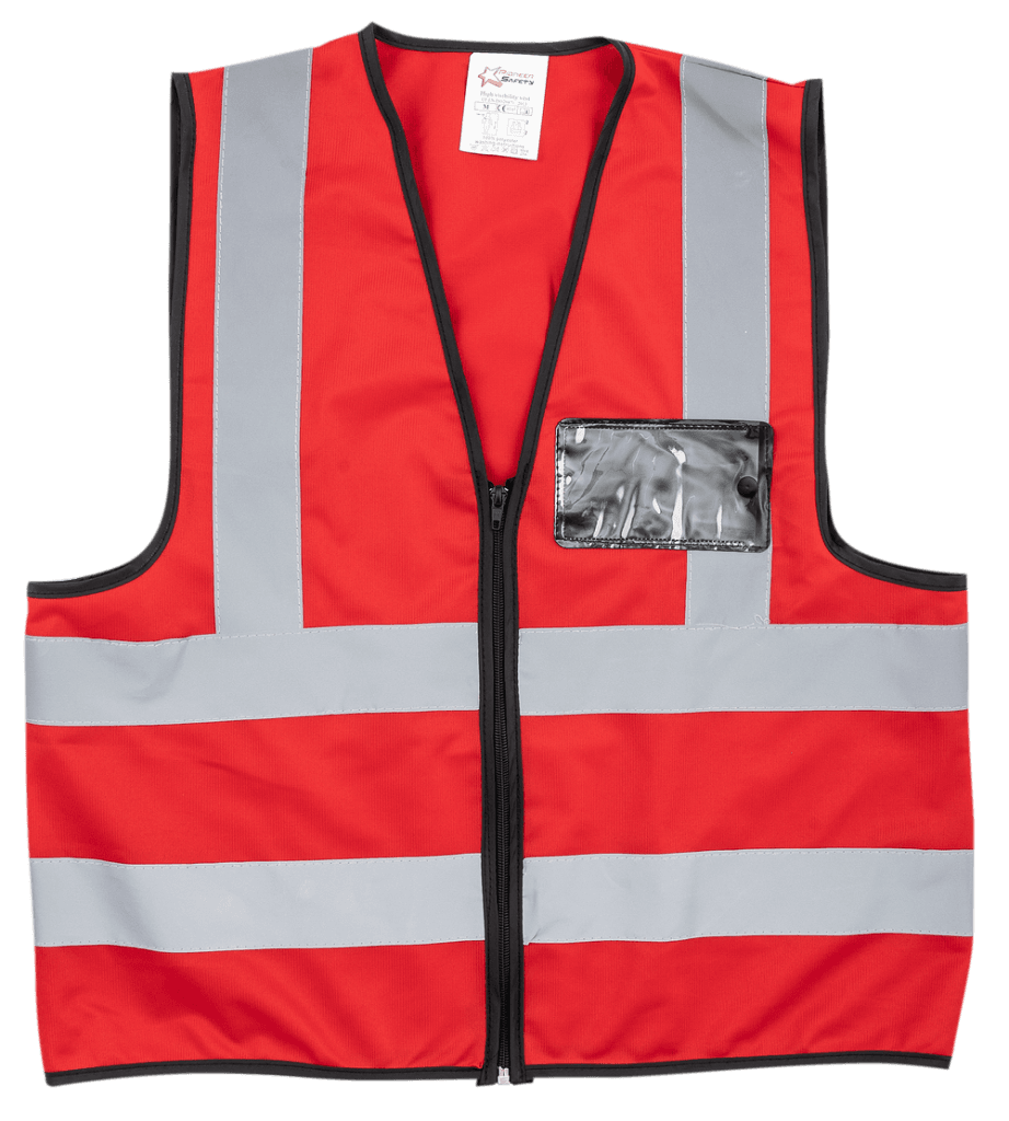 PIONEER RED REFLECTIVE VEST EN4 WITH ZIP & ID POUCH – Precisionware